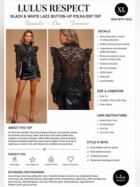 Lulus Respect Black White Lace Polka Dot Sheer Button-Up Blouse size XL NWT